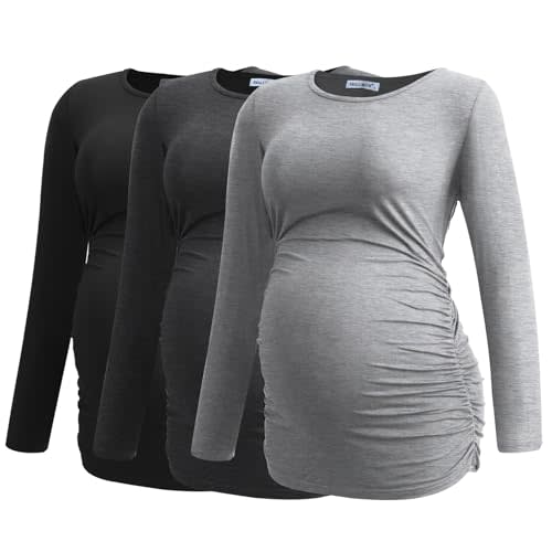 Smallshow Women's Maternity Shirts Long Sleeve Pregnancy Clothes Tops 3-Pack