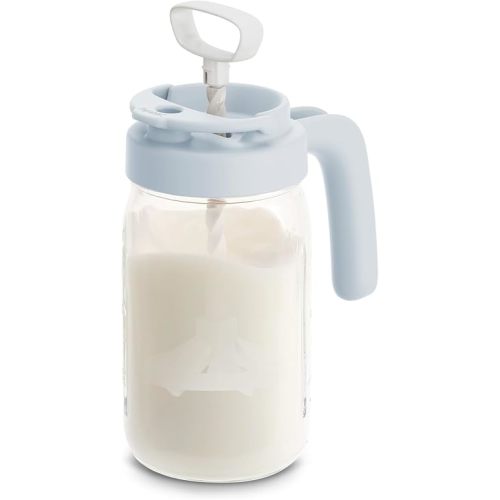 Papablic Glass Breastmilk Pitcher, Formula Mixing Pitcher with Mixing Handle Lid, 32 Oz Wide Mouth Mason Jar Mixer with Flip Locking Spout, Easy to Clean, BPA Free, Pink