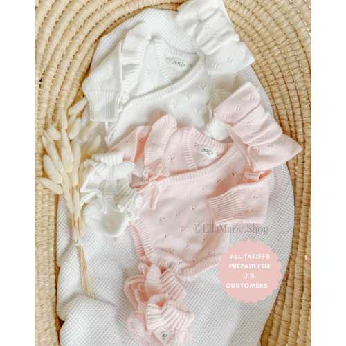 Newborn girl coming home outfit, knit baby girl ruffle romper, wrap bodysuit, baby announcement, infant gender reveal, baby shower gift