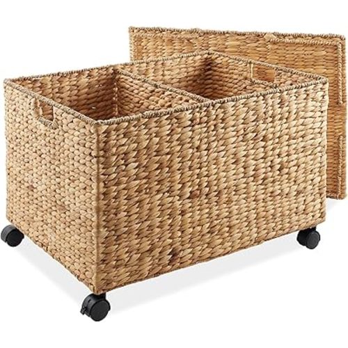 Casafield Rolling Storage Basket Cart with Lid and Locking Wheels, Natural - Handwoven Water Hyacinth Divided Recycling Sorting Bin for Kitchen, Laundry Room, Garage