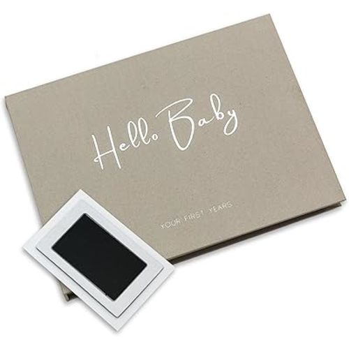 LOVE ON Baby Memory Book with Free Inkless Hand & Footprint Kit - First 5 Years Baby Journal with Elegant Linen Cover & Embossed Foil - Inclusive of All Family Types (Dots & Stripes)