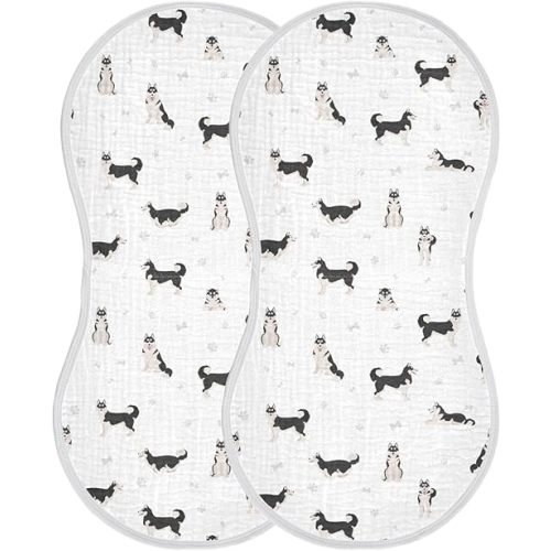 Muslin Baby Burp Cloths, Cute Dogs Siberian Husky Muslin Washcloths Baby Rags Comfy Soft Absorbent in for Newborn Boys and Girls 2 Piece 22 x 11 Inch