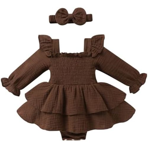 YOUNGER TREE Baby Girl Fall Clothes Infant Long Sleeve Ruffle Romper Dress with Headband Cute Toddler Winter Outfits