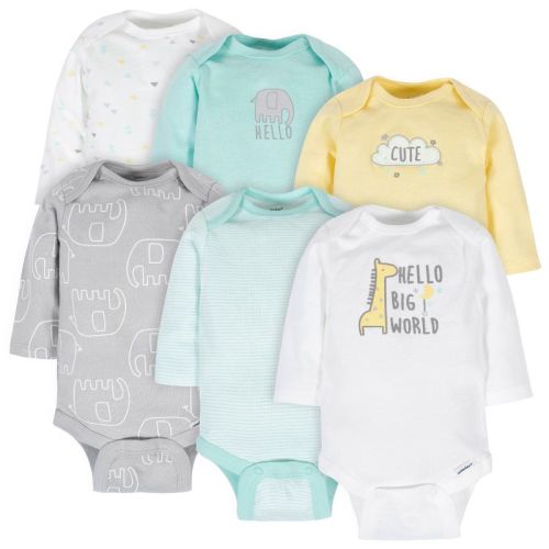 Gerber Baby Neutral Long Sleeve Onesies Bodysuits - Animals - 6-9 Months - 6-pack