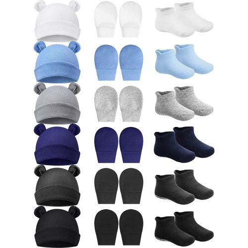 Baby Ears Newborn Hats Mittens and Socks Set for Boys Girls Beanie Hat 0-6 Month - White, Black, Gray, Light Blue, Navy Blue, Dark Grey