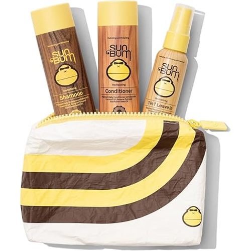 Sun Bum Hair Care Travel Essentials Kit - Revitalize Your Hair With Revitalizing Shampoo, Conditioner, and 3-in-1 Leave In Treatment - Includes Aloha Collection Travel Pouch