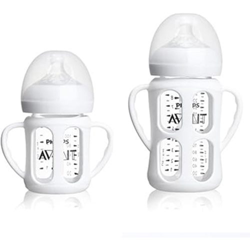 2 Pack Silicone Sleeves for Philips Avent Glass Natural Baby Bottles 4oz and 8oz, Anti Breakage Baby Bottle Holder with Handle, Feeding Bottle Handle (White)