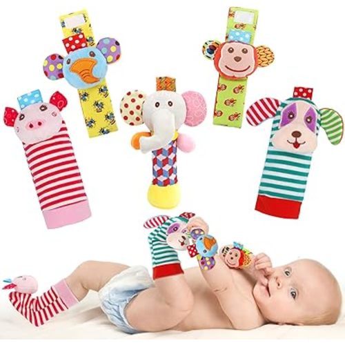 BLOOBLOOMAX Wrist Rattles Foot Finder Rattle Sock Baby Toy,Rattle Toy,Arm Hand Bracelet Rattle,Feet Leg Ankle Socks,Activity Rattle Present Gift for Newborn Infant Babies Boy Girl Bebe (5pcs-E)