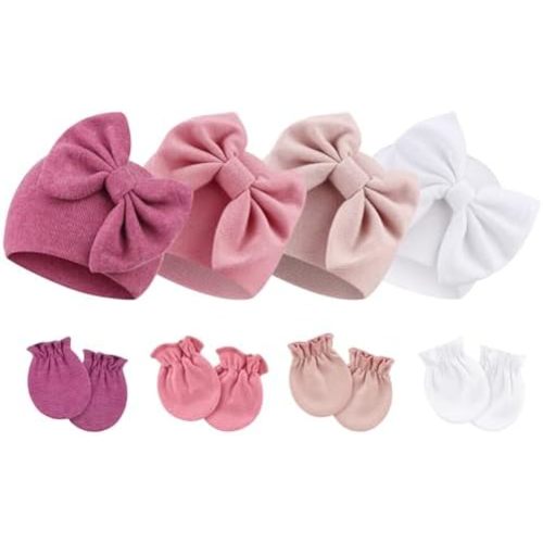 Newborn Baby Hats and Mittens Set Infant Bow Beanie Cap Toddler Gloves Newborn Hospital Hats for Baby Boy Girl 0-6 Months
