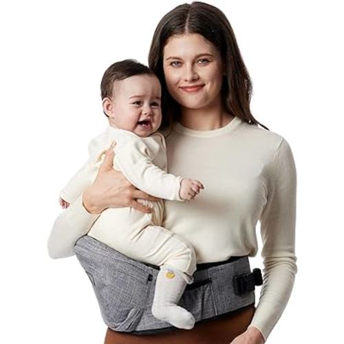 Momcozy Hip Seat Baby Carrier - Adjustable Waistband with Original 3D Belly Protector, Ergonomic Carrier with Various Pockets for Newborns & Toddlers up to 45lbs (Grey, Large)