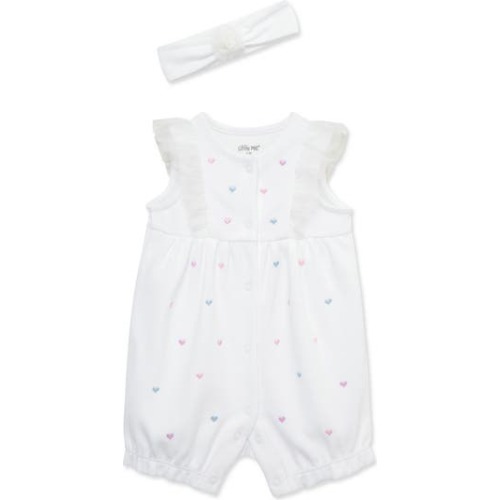 Hearts Embroidered Cotton Romper & Headband Set, 6M