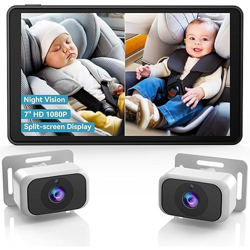 Baby Car Camera for 2-Kids: 7 Inch IPS Display with Dual Carseat Camera, Split Screen, Night Vision, HD 1080P - Easy Install Rear Facing Backseat Camera for Twins