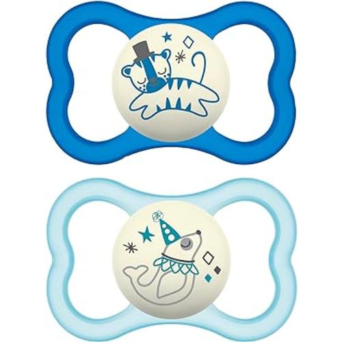MAM Air Night Pacifiers (1 Sterilizing Pacifier Case), MAM Sensitive Skin Pacifier 6+ Months, Glow in the Dark Pacifier, Best Pacifier for Breastfed Babies, Baby Boy Pacifiers, 6-16 - 2 Ct (Pack of 1)