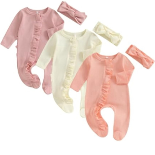 Merqwadd Baby Girl Zipper Pajama Footies 3 Pack Ruffle Sleeper Coming Home Infant Cotton Clothes