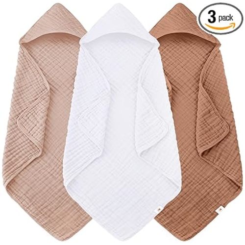 Sunny zzzZZ Muslin Hooded Baby Bath Towels - 3 Pack 100% Cotton Soft Low-Saturation Pastel Towels Including Classic White for Newborns, Infants, Toddlers - 32x32 Inch - Light Bean Paste and White