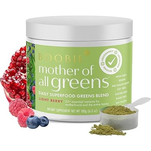 Boobie Mother of All Greens | Your New Family Ritual, Daily Super Greens Powder with 35+ Essential Nutrients for Moms & Families | Vegan, Gluten Free, & Sugar Free | Light Berry Flavor, 30 svgs