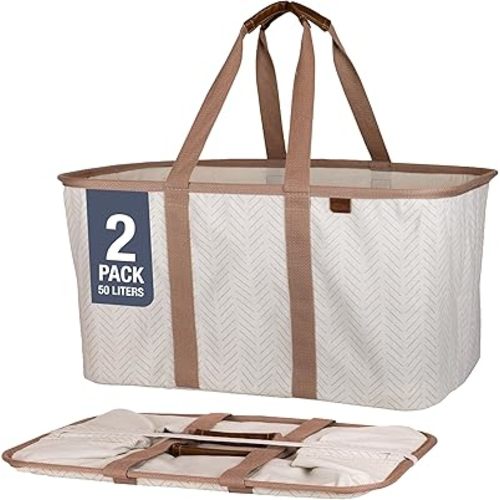 CleverMade Collapsible Laundry Tote, LUXE Cream Herringbone 2PK - 50L (13 Gal) Premium Cotton Blend Collapsible Laundry Baskets with Sturdy Pop-Up Wire Frame, Long Carry Handles, Vegan Leather Accents