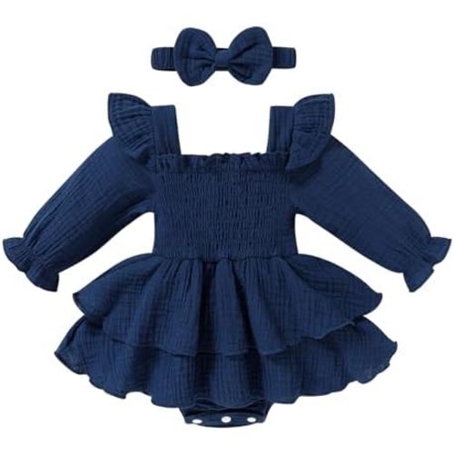 YOUNGER TREE Baby Girl Fall Clothes Infant Long Sleeve Ruffle Romper Dress with Headband Cute Toddler Winter Outfits