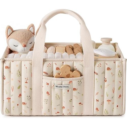 Blissful Diary Woodland Diaper Caddy Organizer, Stylish Nursery Storage Basket, Gift for Baby Shower, Newborn Essentials, Woodland Cream