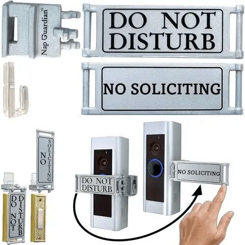 Fits Any Doorbell, Rotates-a Dual Purpose Sign-DO NOT DISTURB and NO SOLICITING combined Easy install no tools or mods needed Slides on off a clear hook Blocks video or standard buttons Invented 2024