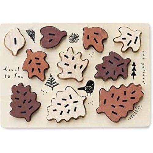 Wee Gallery Wooden Tray Puzzle Count to Ten Leaves - Montessori Toys for Early Learning & Fine Motor Skill Development - Sustainable Educational Toys for Kids - (10x7 Inches)