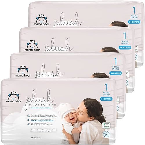 Amazon Brand - Mama Bear Plush Protection Diapers - Size 2, One Month Supply, Hypoallergenic Premium Disposable Baby Diapers, 184 Count (Pack of 4), White and Cloud Dreams