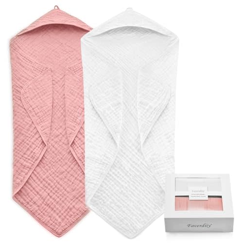 FAVERDIIY 35x35 Inch 2 Pack 100% Muslin Cotton Baby Bath Towel, Hooded Baby Towels for Newborn, Soft Baby Beach Towels with Hood for Infants, Toddlers and Kids, Essentials Must Haves Dusty Pink+ White