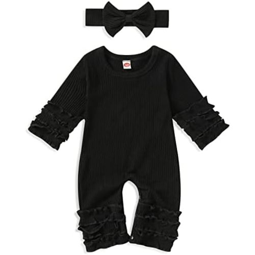 GRNSHTS Newborn Baby Girls Ruffle Romper Solid Long Sleeve Jumpsuit One-Piece Coming Home Clothes With Headband