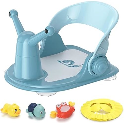 Baby Bath Seat for Babies 6 Months & Up - Foldable Bath Seats for Babies Sitting Up, Bathtub Seat for Baby 6-12 Months, Free 3 Baby Bath Toys, Open Design, 4 Safety Suction Cups, Blue