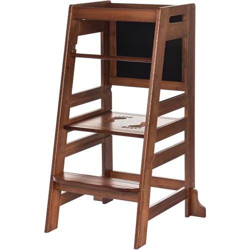 UNICOO Bamboo Adjustable Height Kids Kitchen Step Stool, Toddler Learning Tower & Helper Stool for Bathroom, Kitchen Counter - Designed for Toddler's Growth and Independence (P042-Antique Brown)
