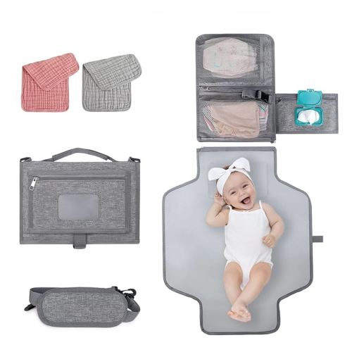 Portable Diaper Changing Station, Expandable Baby Diaper Bag, Compact Diaper Changing Travel Bag with Wet Wipe Pocket, Waterproof Baby Travel Station Set with 2 Bibs (Gray)
