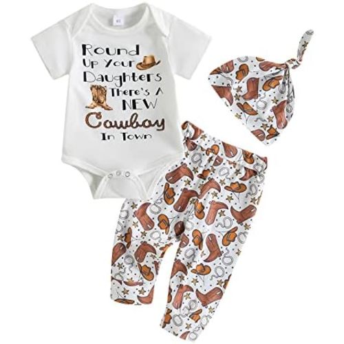 Newborn Baby Boy Coming Home Outfit Western Cowboy Clothes Boots Print Short Sleeve Romper Long Pants With Hat Set