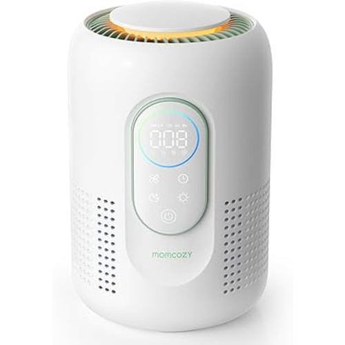 Momcozy Nursery Air Purifier, 4-Filter System with H13 HEPA & Carbon, Real-Time PM2.5 Air Quality Monitor & Display with 3-Color Status, Baby Air Purifier with 21 dB Sleep Mode, Dimmable Night Light