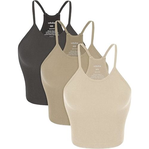 ODODOS Women's Crop 3-Pack Washed Seamless Rib-Knit Camisole Crop Tank Tops at Amazon Women’s Clothing store