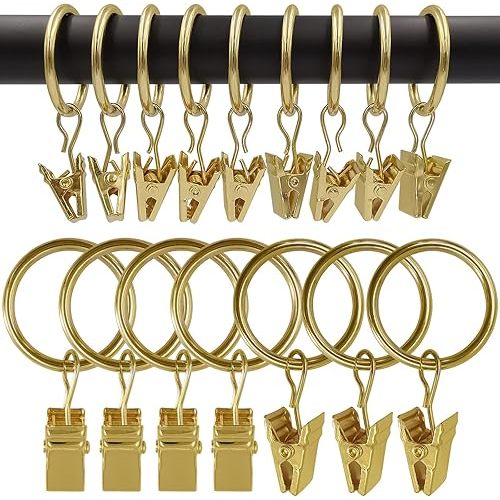 100 Pack Metal Curtain Rings with Clips, Drapery Clips with Rings, Drapes Rings 1 in I D, Fits Diameter 6/8 in Curtain Rod, Gold Color