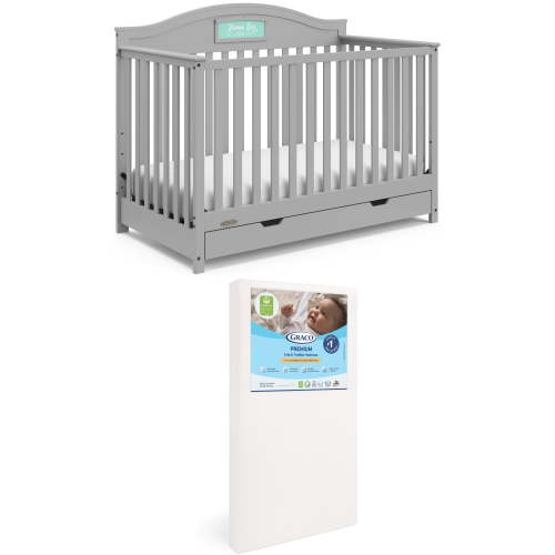 Graco Story Customizable 5-in-1 Convertible Crib with Drawer and Premium Crib & Toddler Mattress Bundle, Pebble Gray