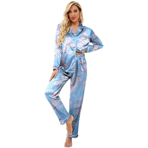 Ekouaer Women's Classic Button Down Long Satin Silk Pajama Set