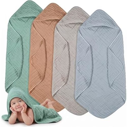 Peryiter 4 Pcs Baby Towels Cotton Muslin Hooded Baby Towels for Newborn Infant Toddler Large 32 x 32 Inch Soft Absorbent Blankets Bath Essentials Registry Gifts for Girl Boy (Green,Gray,Rust,Blue)