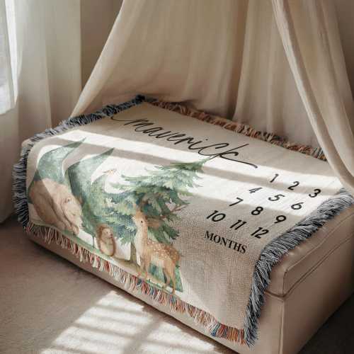 Personalized Woodland Milestone Blanket Woodland Nursery Decor Woodland Monthly Baby Blanket Forest Thme Woven Blanket for Milestone Photo