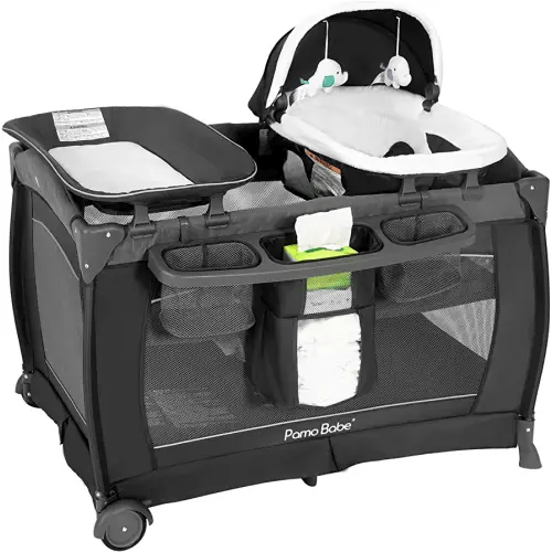 Pamo Babe Playard Deluxe Nursery Center, Foldable Playpen for Baby & Toddler, Bassinet, Mattress, Changing Table for Newborn (Grey)