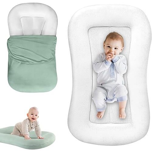 Baby Lounger Pillow for Newborn, Infant Lounger for Home and Travel, Soft Cotton Breathable, Newborn Babies Essentials Gifts (Green)