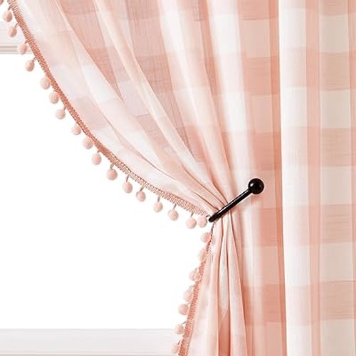 Coral Pink Buffalo Plaid Curtains for Kid's Room 63" Length Pom Pom Window Curtains for Girl's Bedroom Rustic Farmhouse Gingham Check Pattern Semi Sheer Window Drapes, Rod Pocket 42"x63", 2 pcs