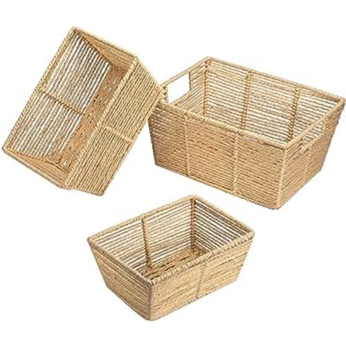 Vagusicc Wicker baskets, Round Paper Rope Small Wicker Baskets, Rectangular Woven Storage Basket for Organizing & Decor, Natural, 3-Pack