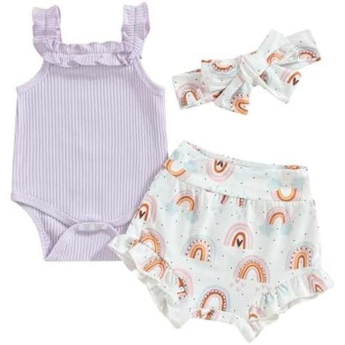 3pcs Toddler Girls Summer Outfits Ribbed Halter Crop Top Romper Bodysuit +Floral Bloomer Shorts+Headband Clothes Set