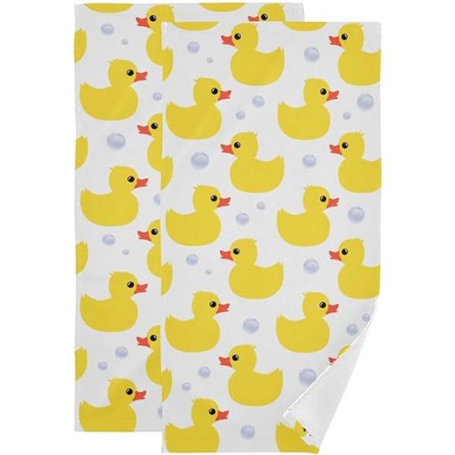 2 Pack Yellow Ducks Hand Towels for Bathroom,Soft Absorbent Summer Cute Animal Ducky Kitchen Towels,Decorative Duck Themed Gift Yellow White Bathroom Towels for Face,Shower,Guest,Gym 14"x28"