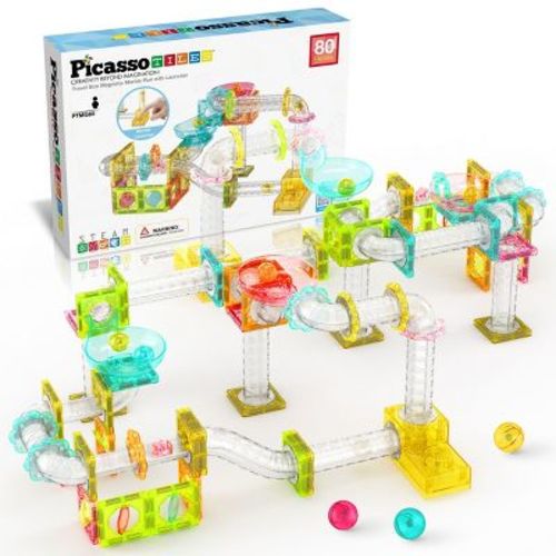 PICASSO-TILES Marble Run Magnetic Tiles for Kids, 80PCS, Mini Construction Magnet Tiles Race Track Building Blocks STEM Toy