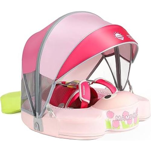Mambobaby Float with Canopy & Portable Backpack Skin-friendly Baby Swim Float with Tail Waterproof Non-Inflatable Mambo Float Smart Swim Trainer Soft Solid Infant Pool Float 3-24 months Baby Swim Ring
