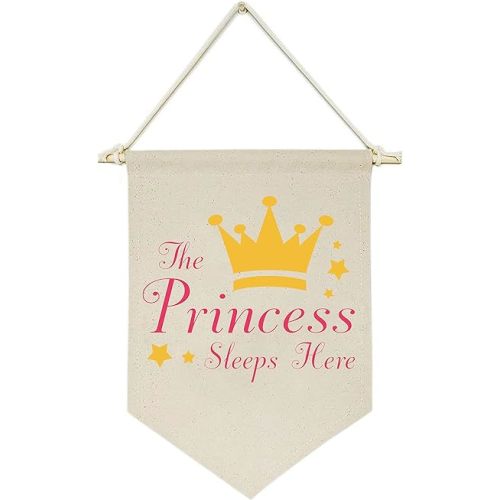 the Princess Sleeps Here -Canvas Hanging Flag Banner Wall Sign Decor Gift for Baby Kids Girl Nursery Teen Room Front Door - Crown,Stars