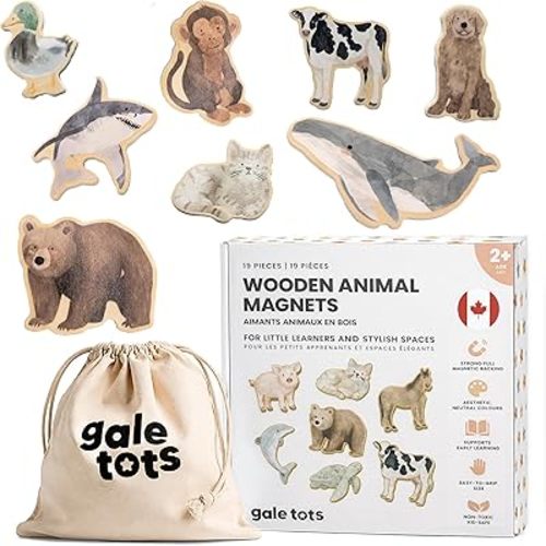 Aesthetic Wooden Animal Magnets for Kids (Ages 2+) – Montessori-Inspired Fridge Magnets for Toddlers with Realistic Watercolor Animals – 19 Neutral Pieces