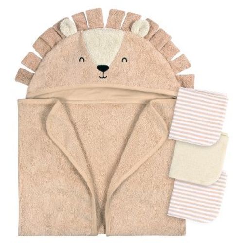 Gerber Baby Brown Lion Hooded Bath Towel & Washcloths, One Size Fits Most, 4-Piece Set